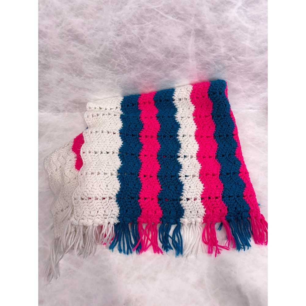 Handmade Crochet Baby Blanket Pink‎ Teal White Chevron Ripple Tassel Afghan